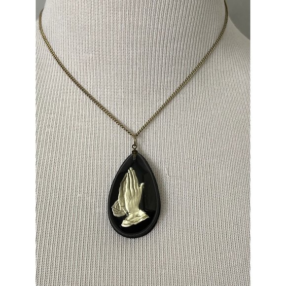 Vintage/Antique Epoxy Prayer Hands Black Teardrop Pendant Chain Necklace - Picture 2 of 12